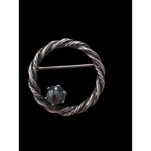 Vtg MCM Sterling Silver Hematite 1" Circle Rope Brooch Pin Bell Trading 925